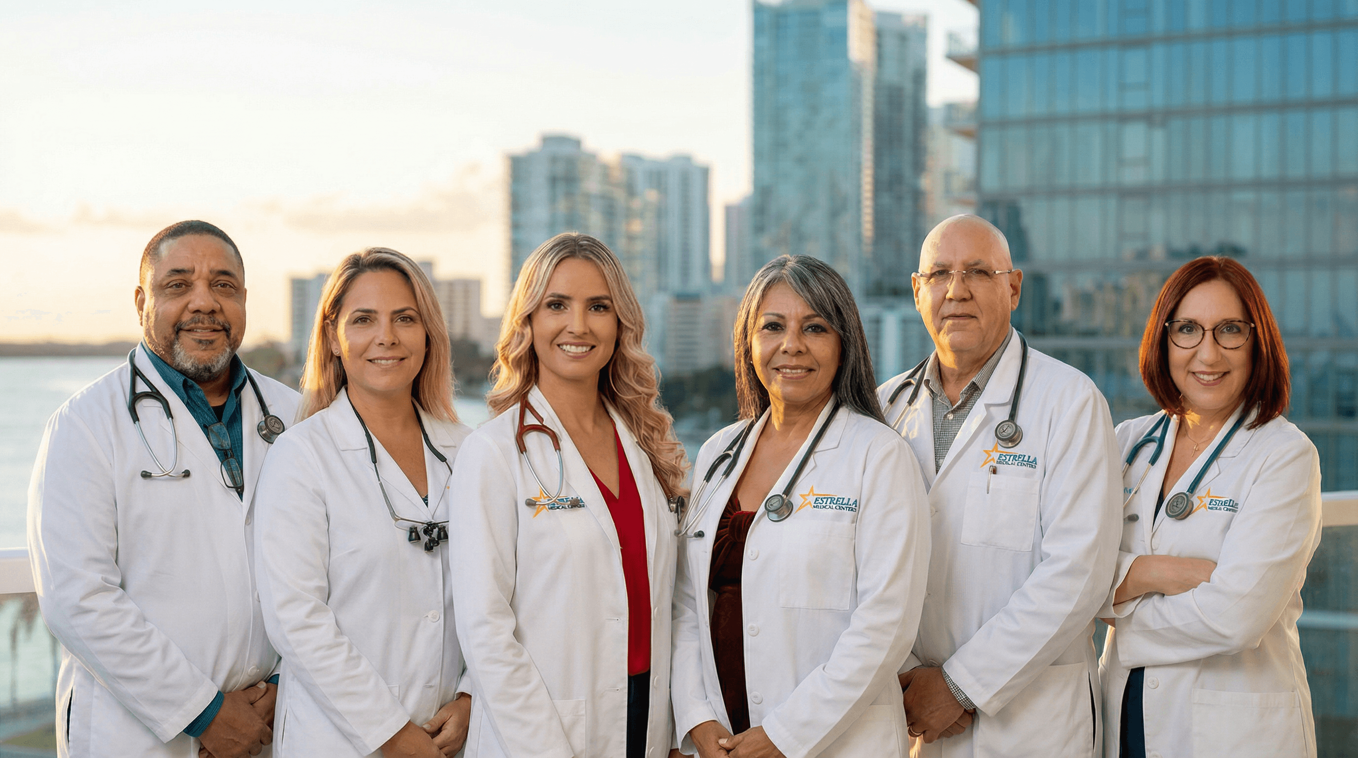 The six providers of the Estrella medical group, photographed in Miami